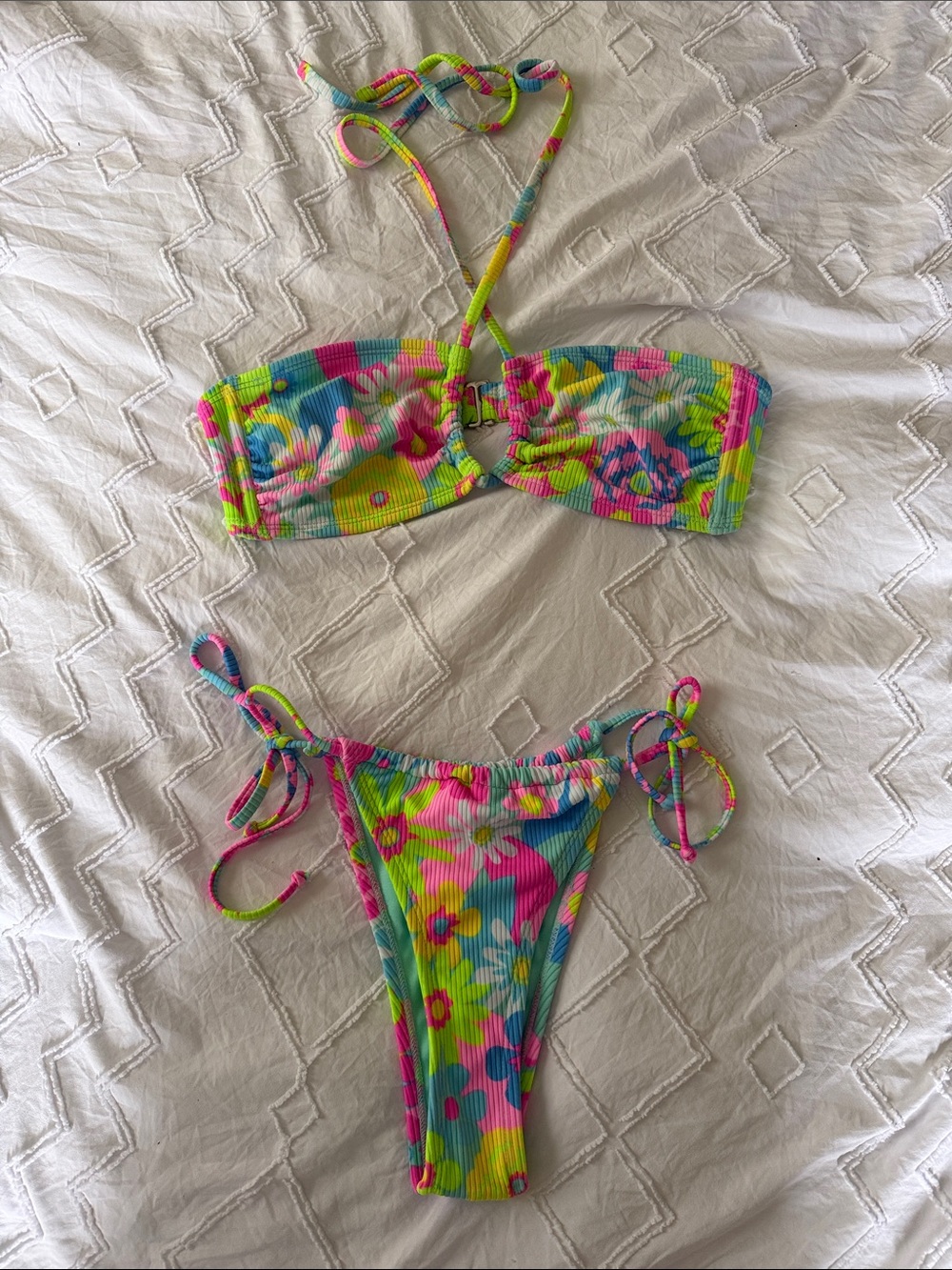 Xhilaration Neon Floral Bandeau Bikini in Pink, Green, Blue